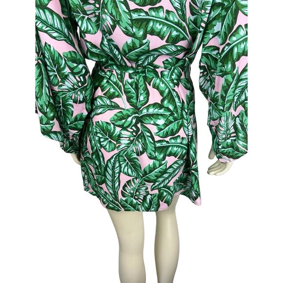 Kenny Flowers Beverly Hills Kimono Coverup Size S Leaf Print Green Pink Tie Swim - Picture 9 of 12
